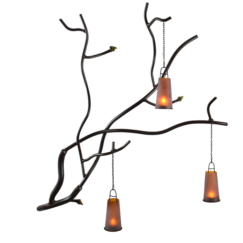 Forged Iron Tree Branch Wall Sculpture with Tealight Lanterns