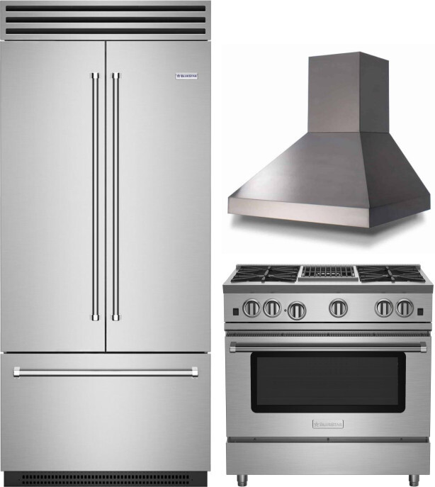 BlueStar 3 Piece Kitchen Appliances Package with Gas Range and French Door Refrigerator in Stainless Steel BLRERARH1028