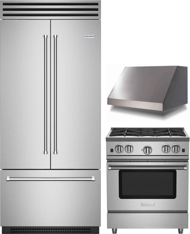 BlueStar 3 Piece Kitchen Appliances Package with Gas Range and French Door Refrigerator in Custom Colors BLRERARH1021