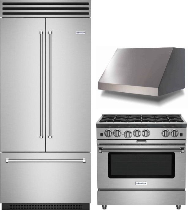 BlueStar 3 Piece Kitchen Appliances Package with Gas Range and French Door Refrigerator in Stainless Steel BLRERARH1001