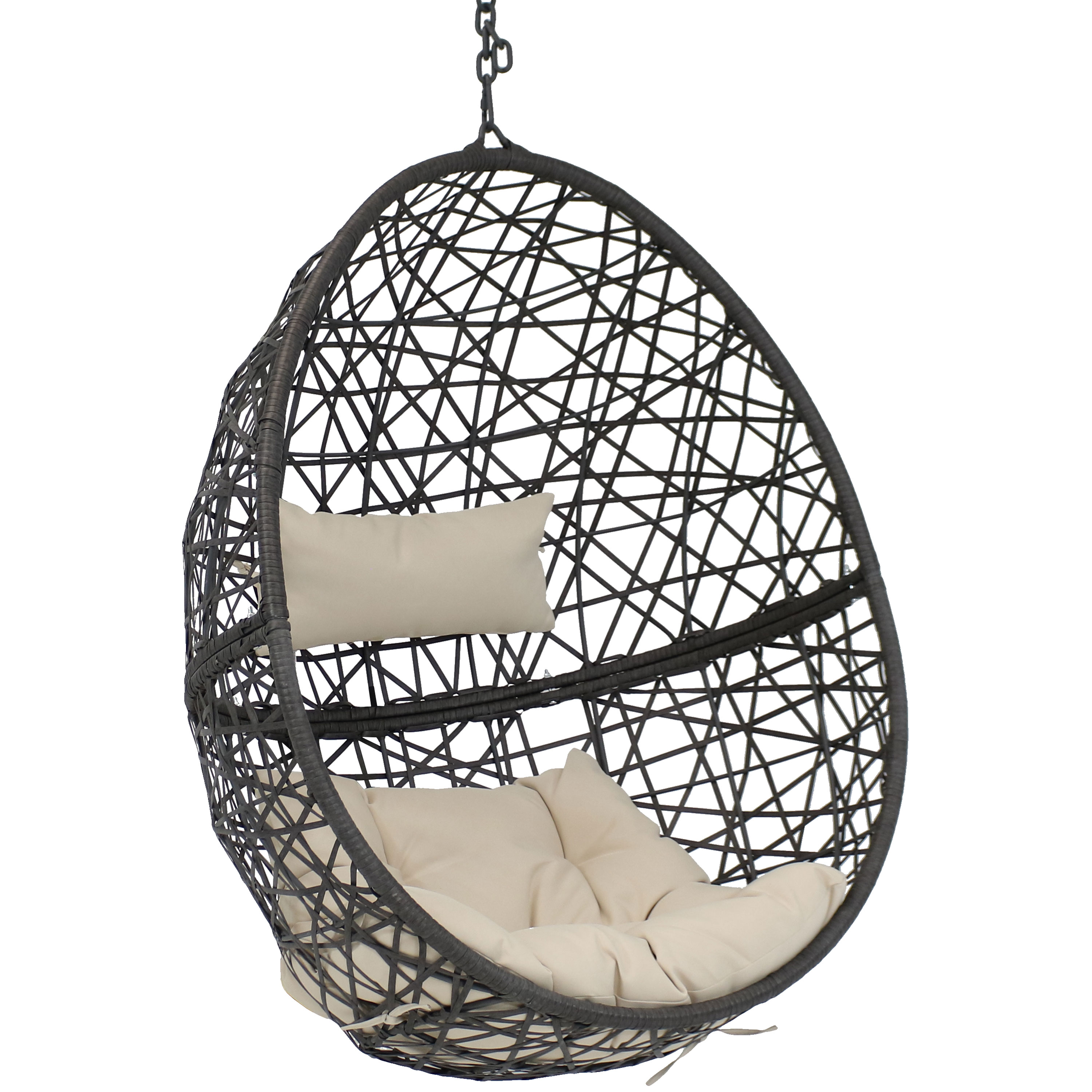 Sunnydaze Caroline Hanging Egg Chair, Resin Wicker, Modern Design, Outdoor Use, Includes Cushion, Beige