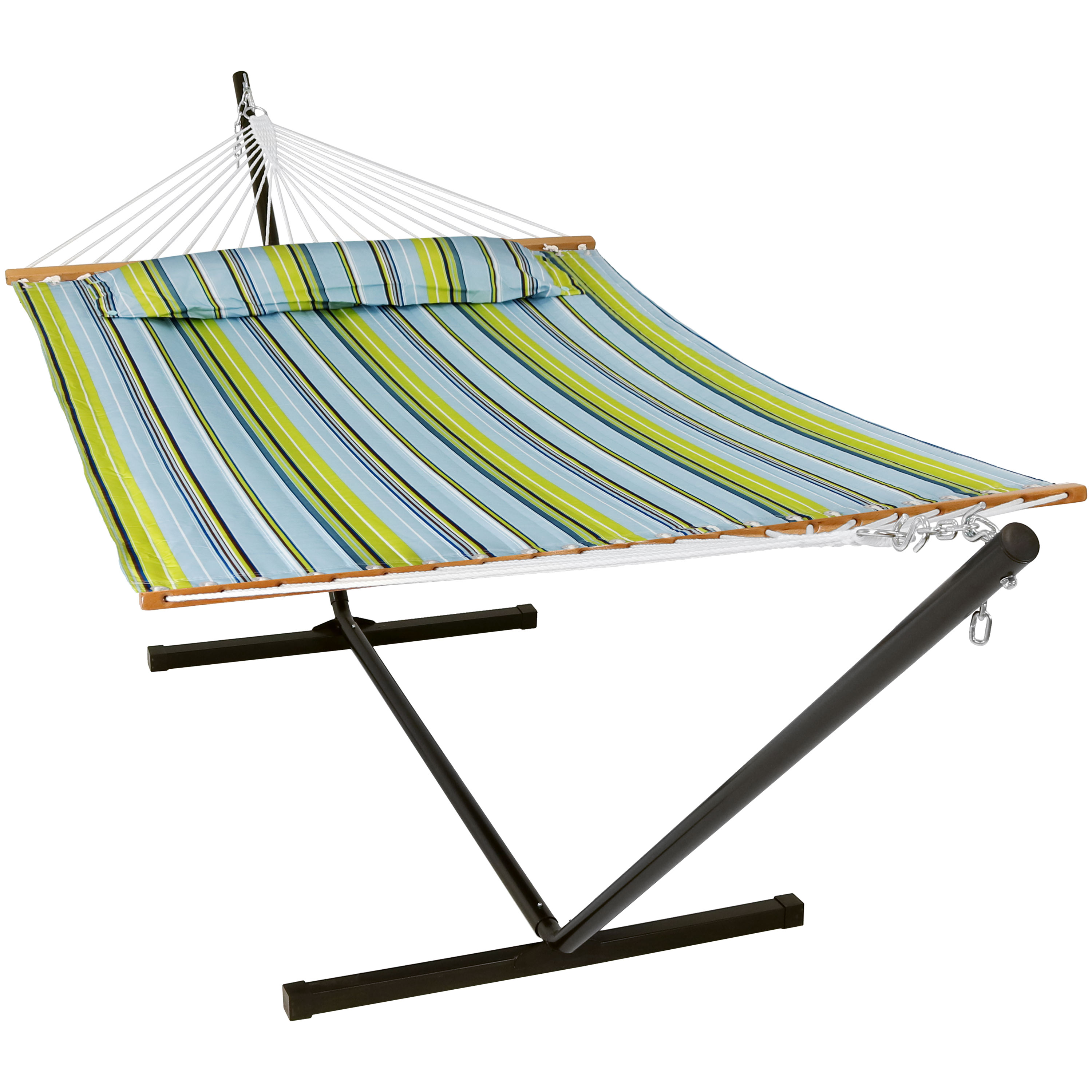 Sunnydaze 2 Person Freestanding Quilted Fabric Spreader Bar Hammock, Choose 12 or 15 Foot Stand, Blue and Green, 12-Foot Stand