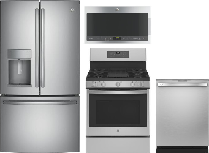 GE Profile 4 Piece Kitchen Appliances Package with French Door Refrigerator, Gas Range, Over the Range Microwave and Dishwasher in Stainless Steel GER