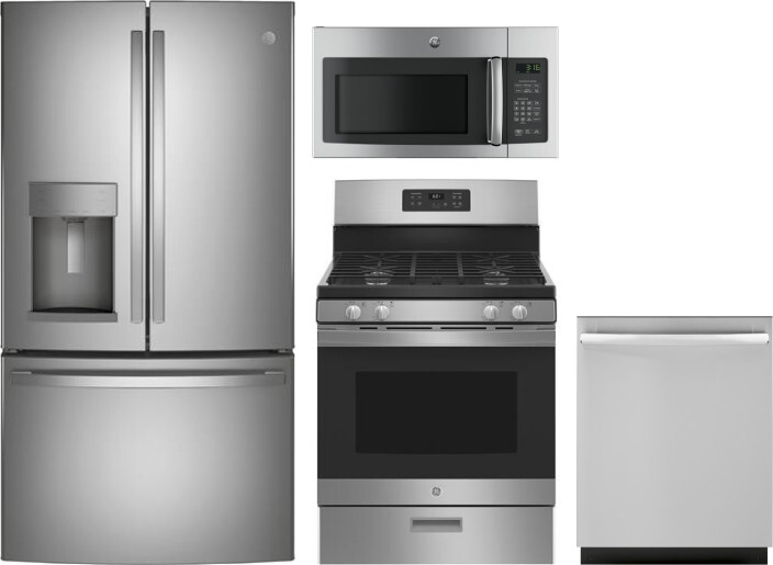 GE 4 Piece Kitchen Appliances Package with French Door Refrigerator, Gas Range, Dishwasher and Over the Range Microwave in Stainless Steel GERERADWMW3