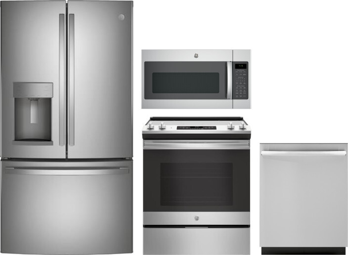 GE 4 Piece Kitchen Appliances Package with French Door Refrigerator, Electric Range, Dishwasher and Over the Range Microwave in Stainless Steel GERERA