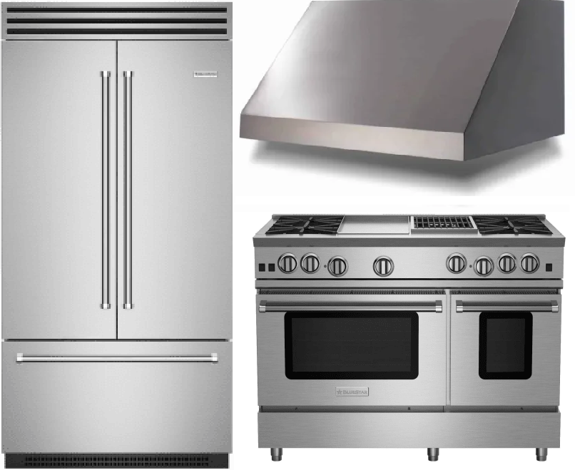 BlueStar 3 Piece Kitchen Appliances Package with Gas Range and French Door Refrigerator in Stainless Steel BLRERARH1045