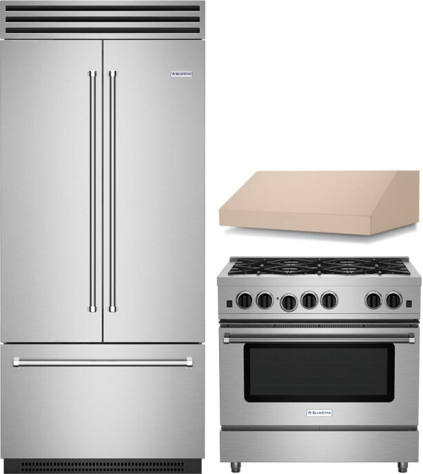 BlueStar 3 Piece Kitchen Appliances Package with Gas Range and French Door Refrigerator in Custom Colors BLRERARH1070