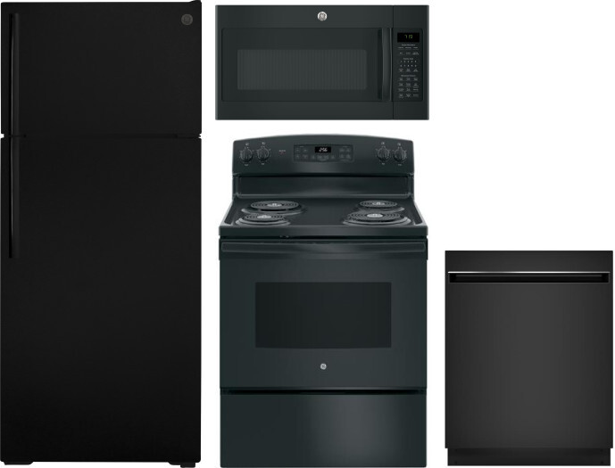 GE 4 Piece Kitchen Appliances Package with Top Freezer Refrigerator, Electric Range, Dishwasher and Over the Range Microwave in Black GERERADWMW3313