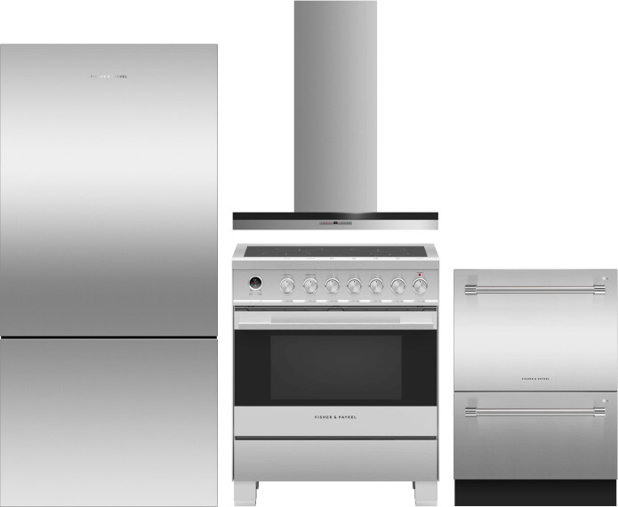 Fisher & Paykel 4 Piece Kitchen Appliances Package with Bottom Freezer Refrigerator, Induction Range and Dishwasher in Stainless Steel FPRERADWRH4141