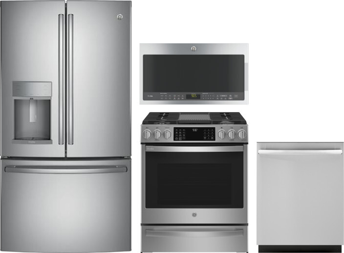 GE Profile 4 Piece Kitchen Appliances Package with French Door Refrigerator, Gas Range, Dishwasher and Over the Range Microwave in Stainless Steel GER