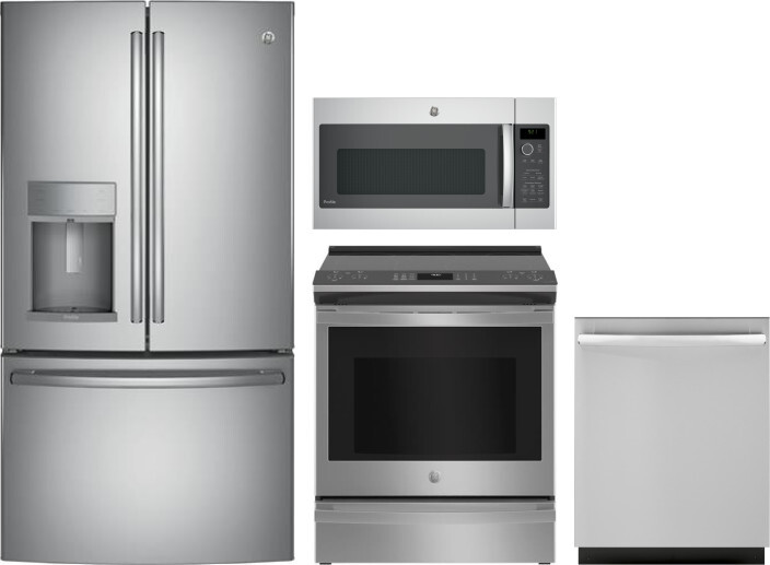GE Profile 4 Piece Kitchen Appliances Package with French Door Refrigerator, Electric Range, Dishwasher and Over the Range Microwave in Stainless Stee