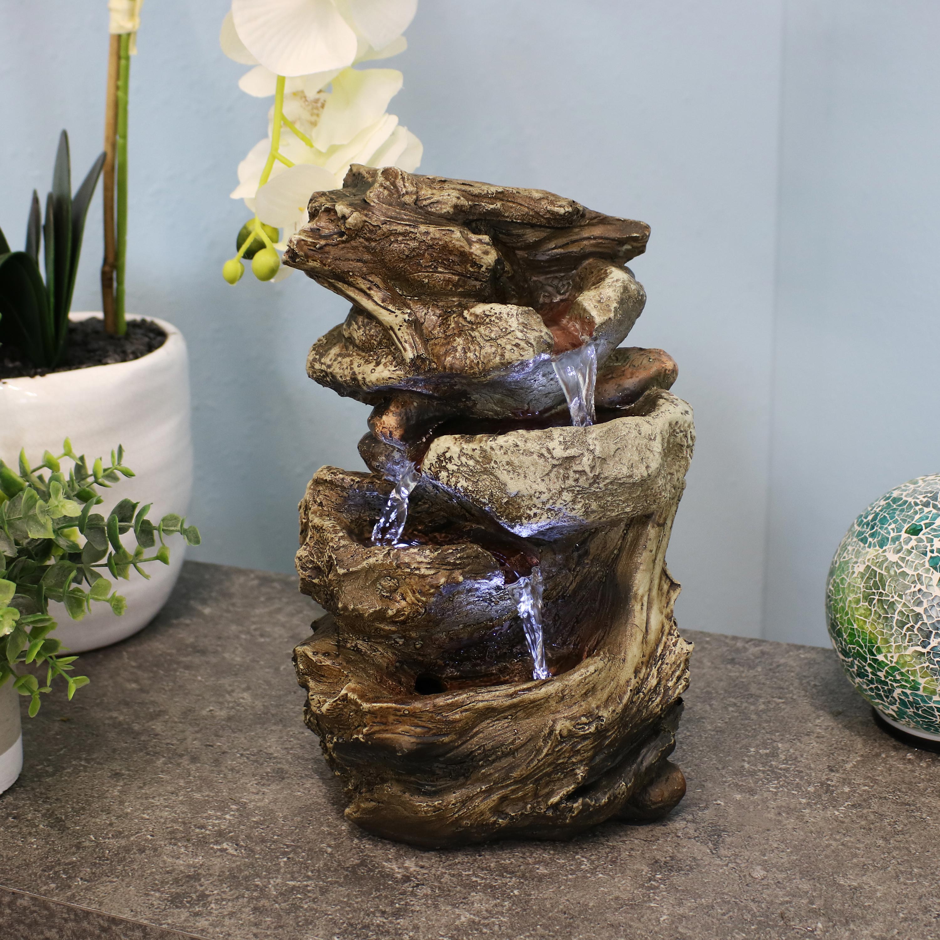 Sunnydaze Tiered Rock &amp; Log Tabletop Water Fountain with LED Lights - 10.5-Inch