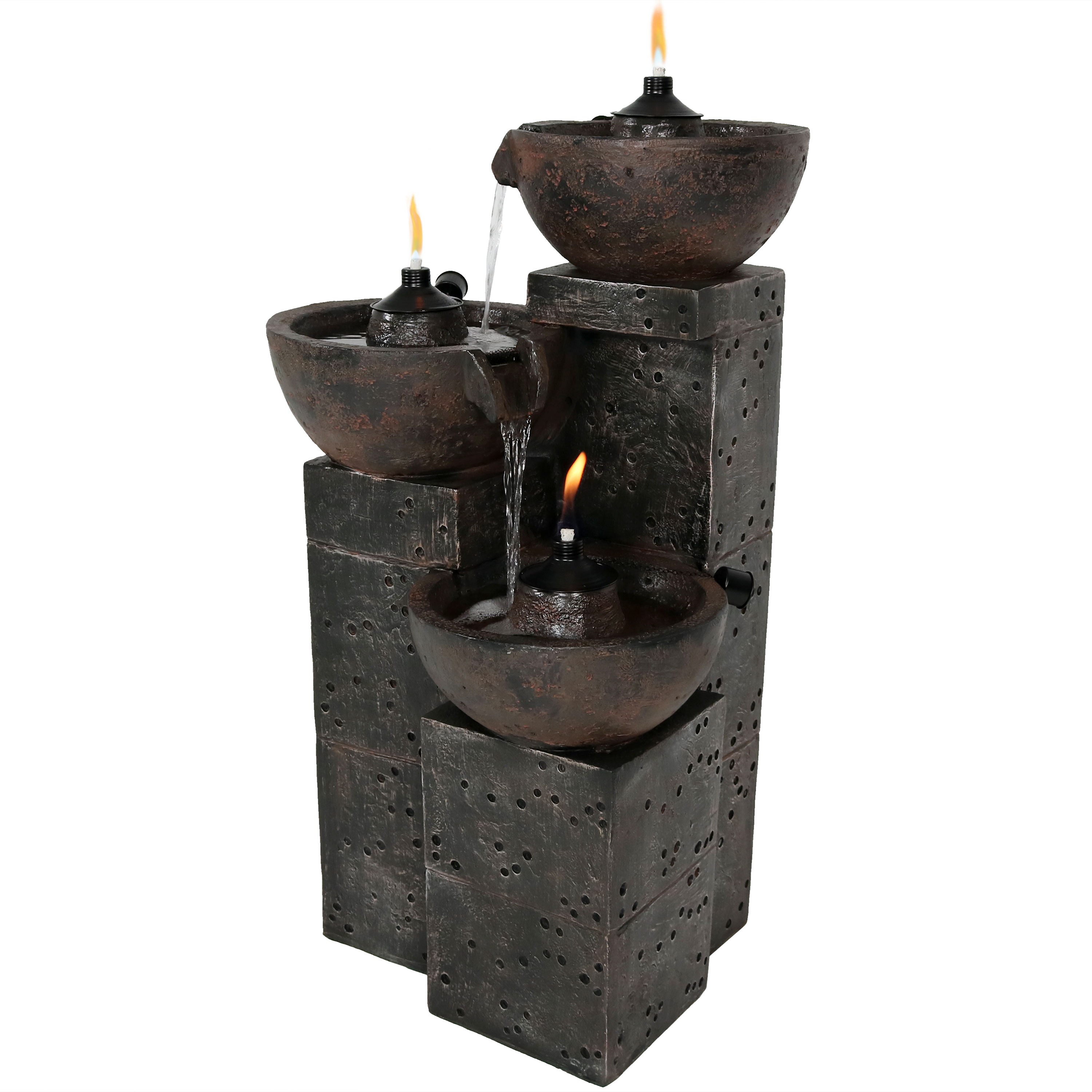 Sunnydaze 3-Tier Burning Bowls Outdoor Fire and Water Fountain - 34-Inch