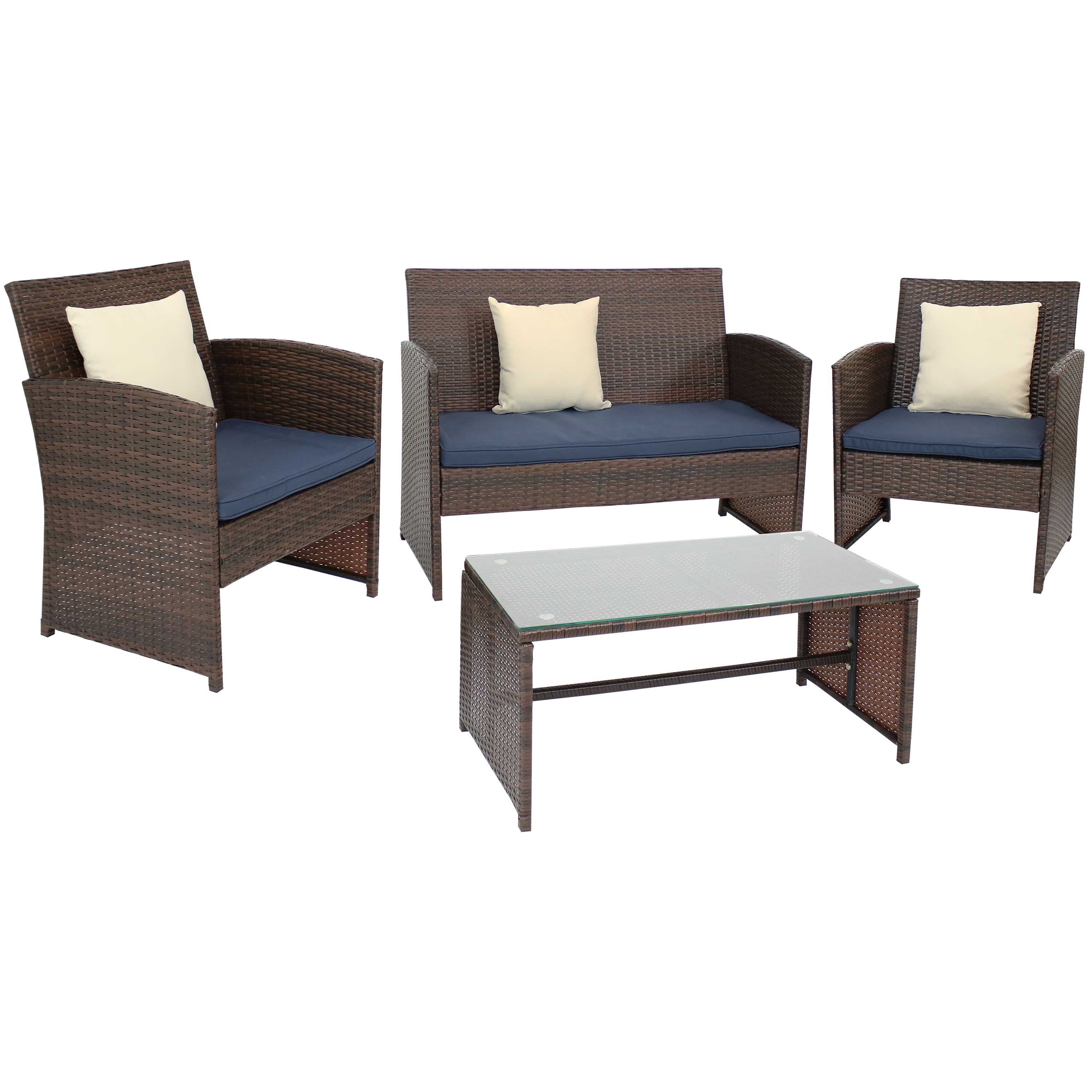 Sunnydaze Ardfield 4-Piece Patio Set with Navy Cushions - Mixed Brown Rattan