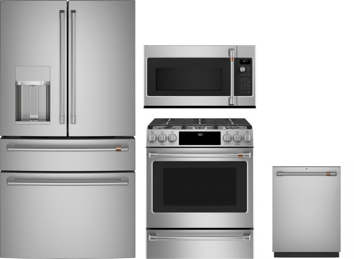 Cafe 4 Piece Kitchen Appliances Package with French Door Refrigerator, Dual Fuel Range, Dishwasher and Over the Range Microwave in Stainless Steel CAF