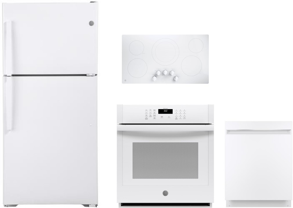 GE 4 Piece Kitchen Appliances Package with Top Freezer Refrigerator and Dishwasher in White GERECTWODW101