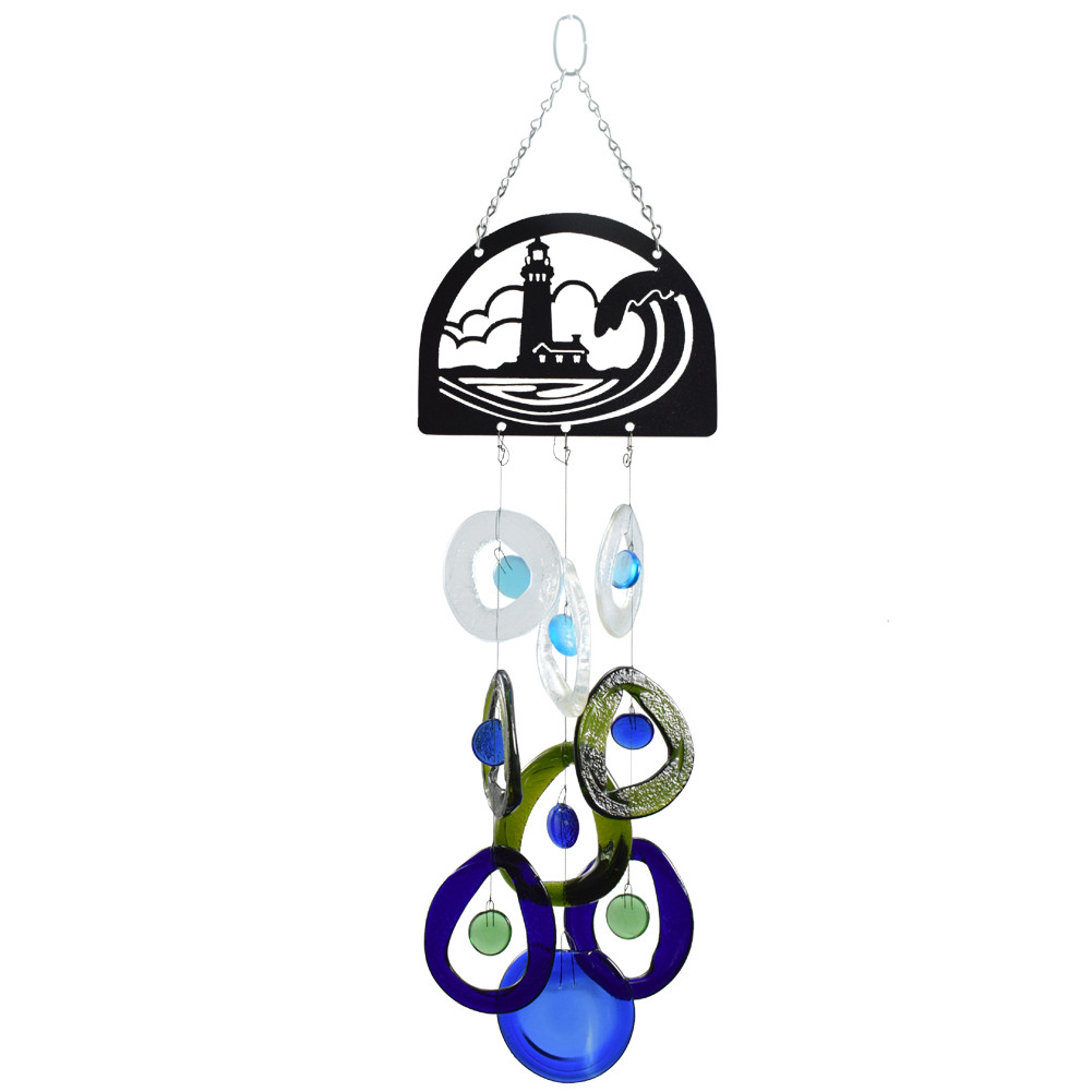 Recycled Glass Bottle Windchime with Lighthouse Motif