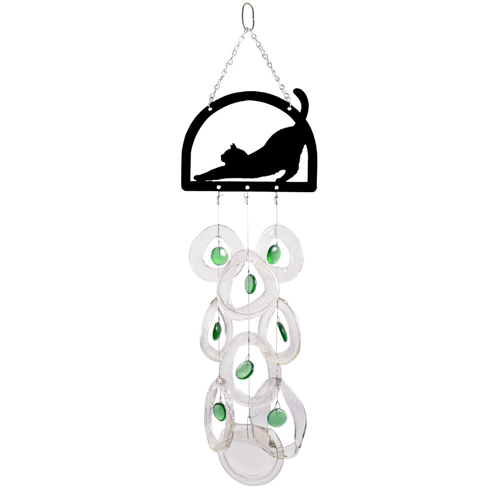 Recycled Glass Bottle Windchime with Stretching Cat