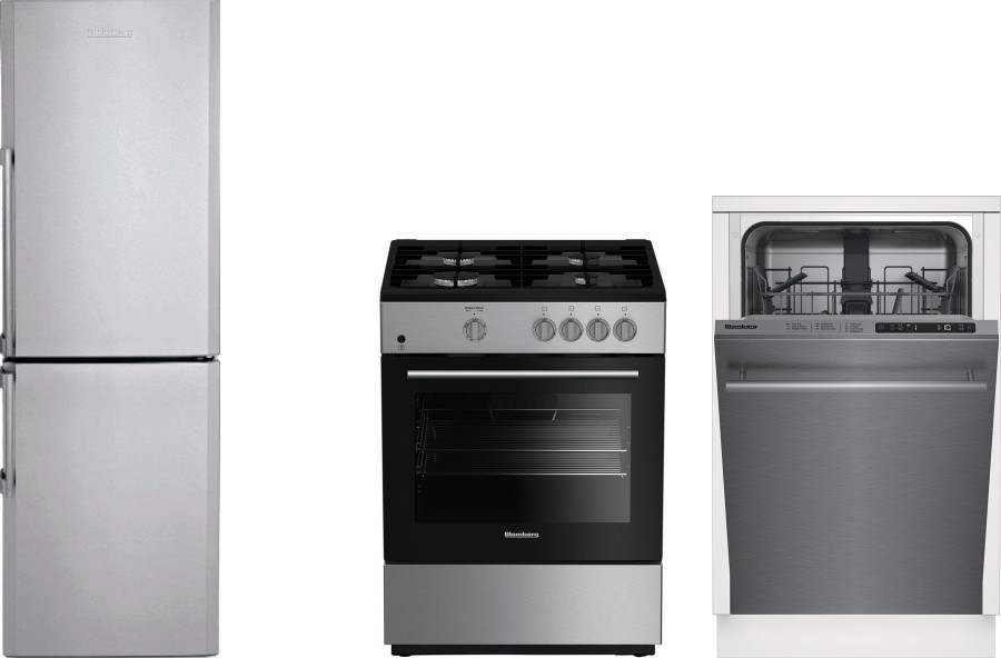 Blomberg 3 Piece Kitchen Appliances Package with Bottom Freezer Refrigerator, Gas Range and Dishwasher in Stainless Steel BLRERADW58