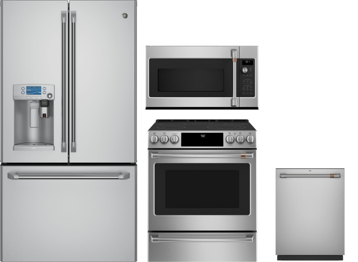 Cafe 4 Piece Kitchen Appliances Package with French Door Refrigerator, Electric Range, Dishwasher and Over the Range Microwave in Stainless Steel CAFR