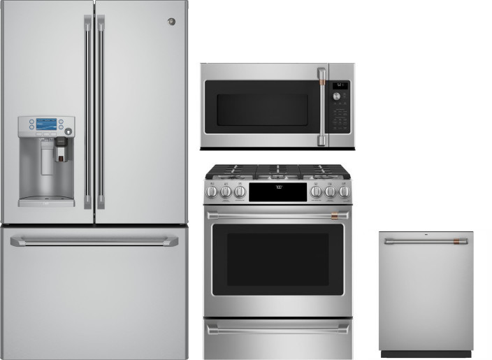 Cafe 4 Piece Kitchen Appliances Package with French Door Refrigerator, Gas Range, Dishwasher and Over the Range Microwave in Stainless Steel CAFRERADW
