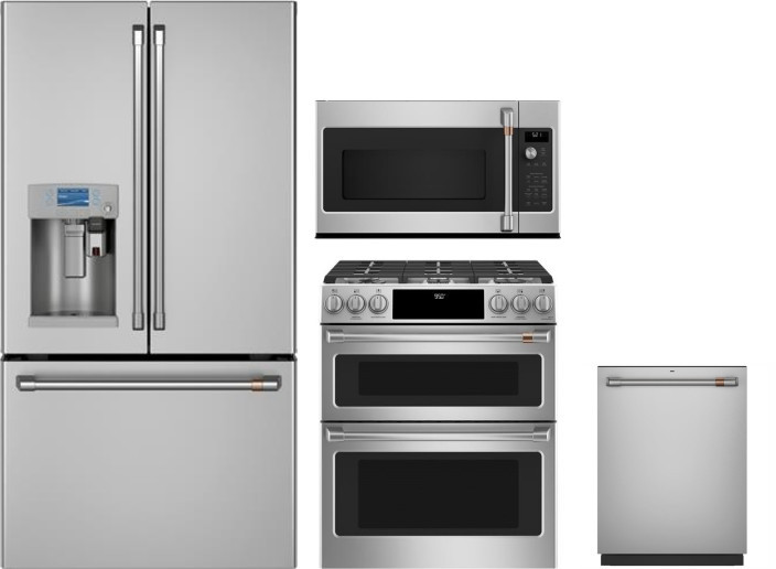 Cafe 4 Piece Kitchen Appliances Package with French Door Refrigerator, Dual Fuel Range, Dishwasher and Over the Range Microwave in Stainless Steel CAF