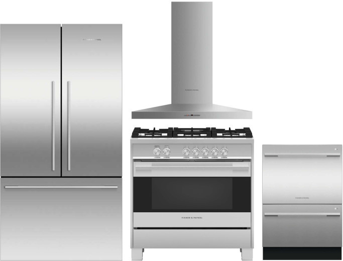 Fisher & Paykel Active Smart 4 Piece Kitchen Appliances Package with French Door Refrigerator, Gas Range and Dishwasher in Stainless Steel FPRERADWRH2