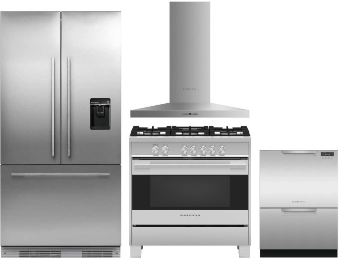 Fisher & Paykel Professional 4 Piece Kitchen Appliances Package with French Door Refrigerator, Gas Range and Dishwasher in Stainless Steel FPRERADWRH4