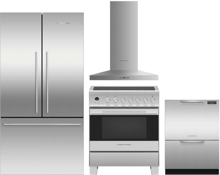 Fisher & Paykel Active Smart 4 Piece Kitchen Appliances Package with French Door Refrigerator, Electric Range and Dishwasher in Stainless Steel FPRERA