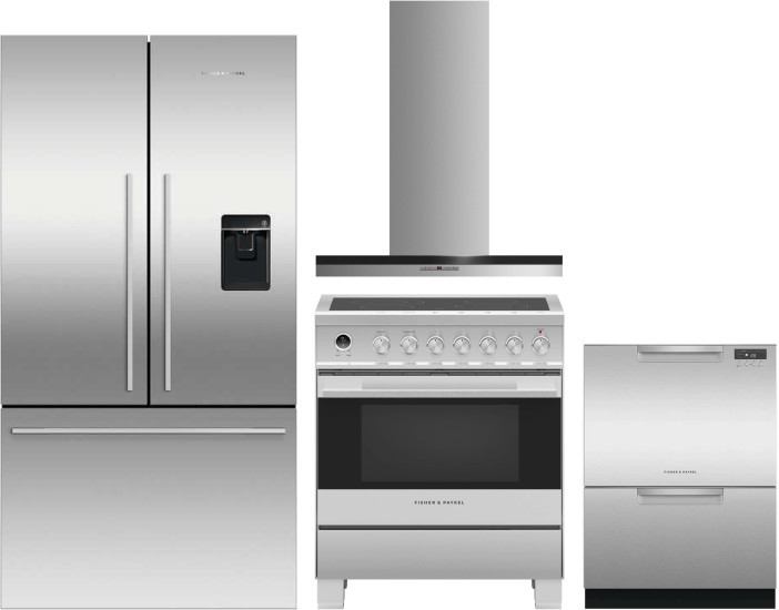 Fisher & Paykel Series 7 4 Piece Kitchen Appliances Package with French Door Refrigerator, Electric Range and Dishwasher in Stainless Steel FPRERADWRH