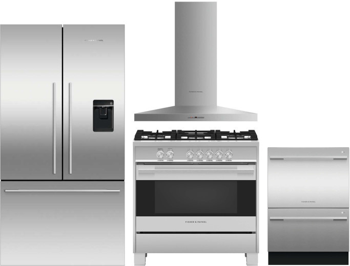 Fisher & Paykel Series 7 4 Piece Kitchen Appliances Package with French Door Refrigerator, Gas Range and Dishwasher in Stainless Steel FPRERADWRH698