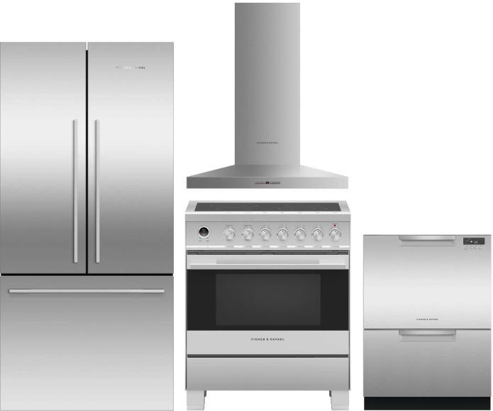 Fisher & Paykel Active Smart 4 Piece Kitchen Appliances Package with French Door Refrigerator, Electric Range and Dishwasher in Stainless Steel FPRERA