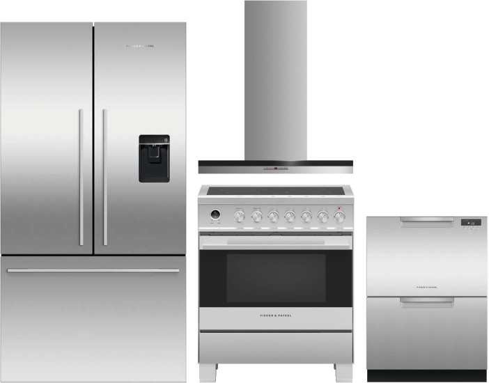Fisher & Paykel Series 7 4 Piece Kitchen Appliances Package with French Door Refrigerator, Electric Range and Dishwasher in Stainless Steel FPRERADWRH