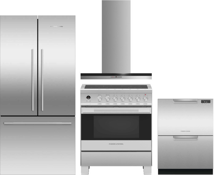 Fisher & Paykel Active Smart 4 Piece Kitchen Appliances Package with French Door Refrigerator, Induction Range and Dishwasher in Stainless Steel FPRER