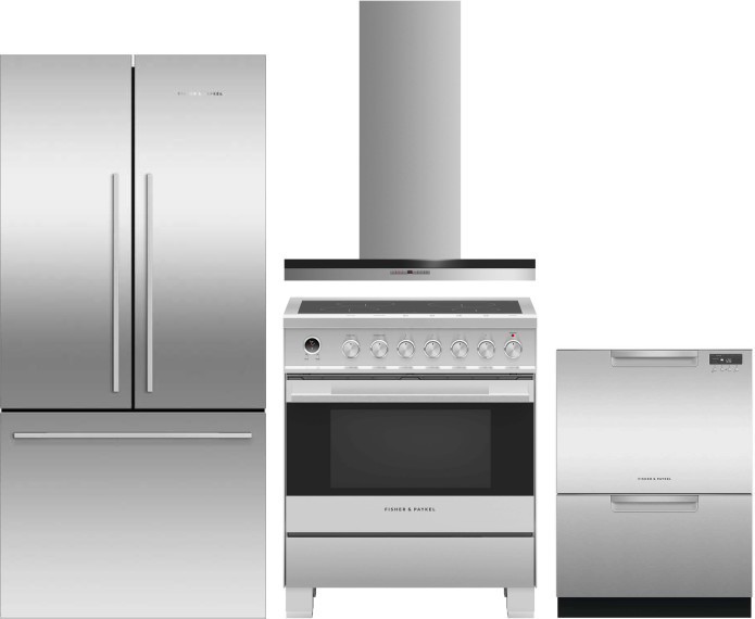 Fisher & Paykel Active Smart 4 Piece Kitchen Appliances Package with French Door Refrigerator, Induction Range and Dishwasher in Stainless Steel FPRER