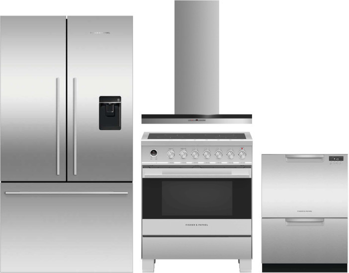 Fisher & Paykel Series 7 4 Piece Kitchen Appliances Package with French Door Refrigerator, Induction Range and Dishwasher in Stainless Steel FPRERADWR