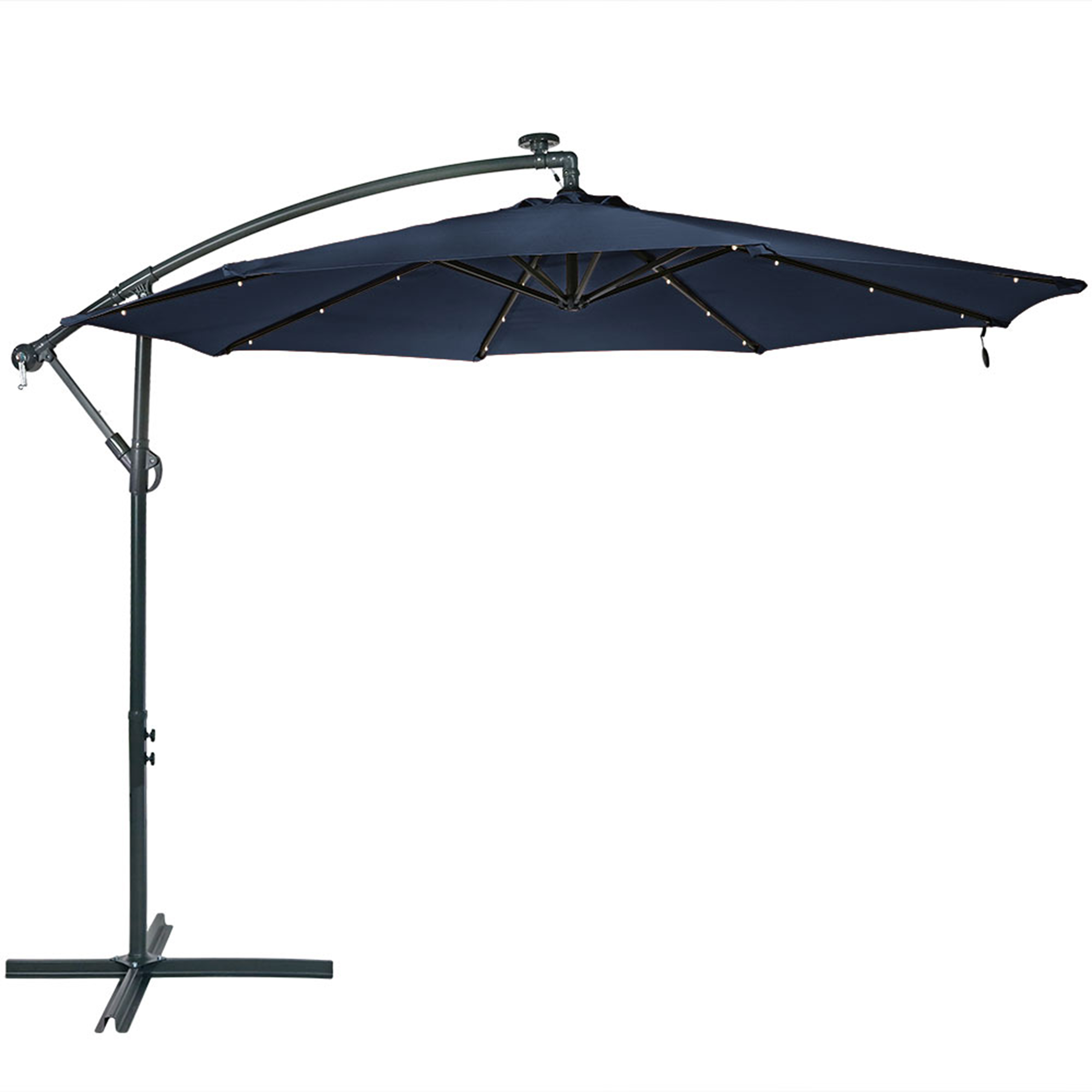 Sunnydaze Solar LED 10-Foot Offset Patio Umbrella with Cantilever, Crank, and Cross Base, Navy Blue