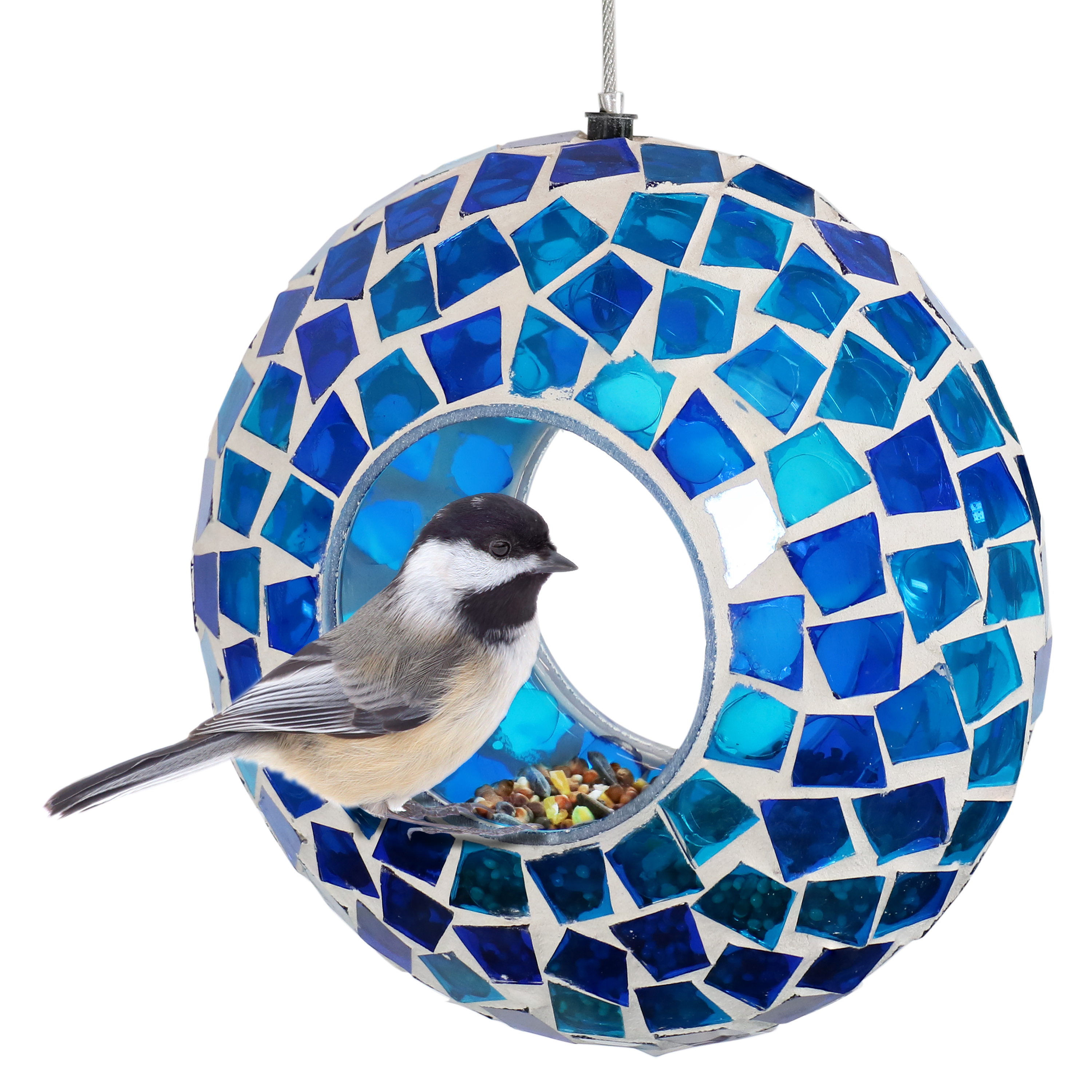 Sunnydaze Blue Mosaic Fly-Through Hanging Outdoor Bird Feeder - 6-Inch
