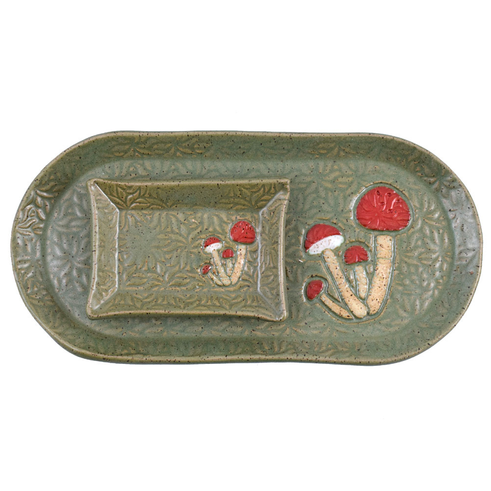 Retro Earthy Green Mushroom 10&#226;&#8364;&#157; Stoneware Pottery Appetizer Platter
