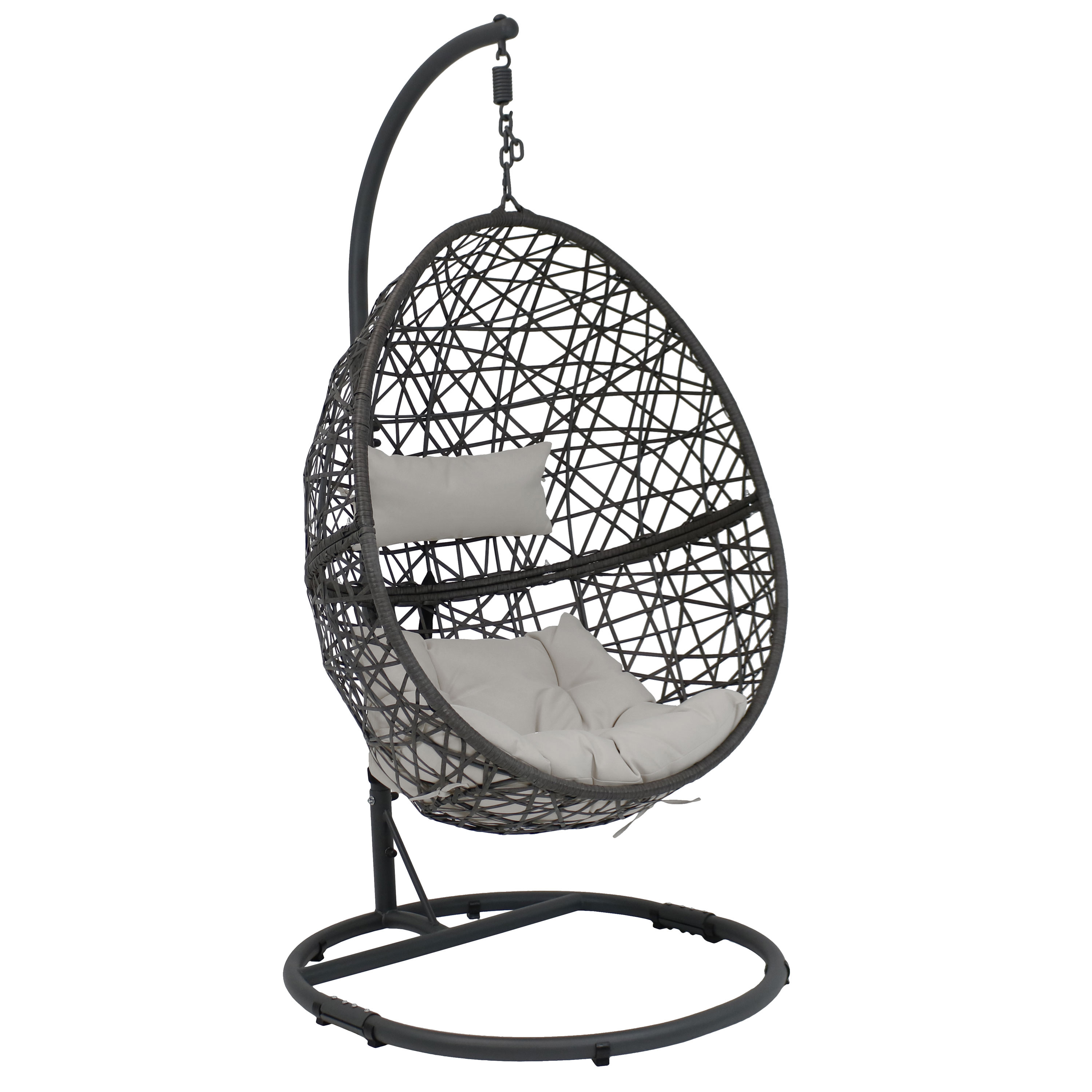 Sunnydaze Caroline Hanging Egg Chair with Steel Stand Set, Resin Wicker, Modern Design, Outdoor Use, Includes Cushion, Gray