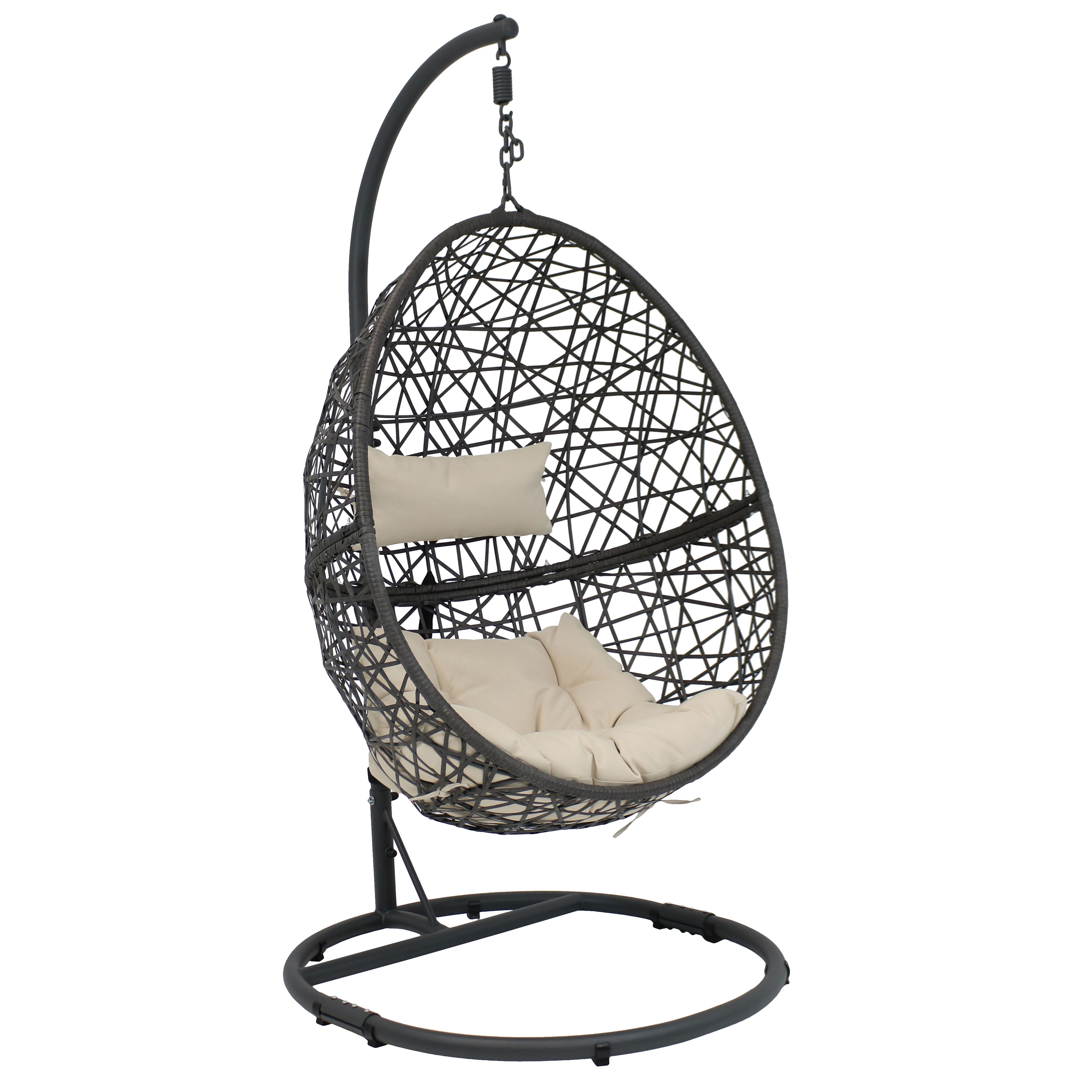 Sunnydaze Caroline Hanging Egg Chair with Steel Stand Set, Resin Wicker, Modern Design, Outdoor Use, Includes Cushion, Beige