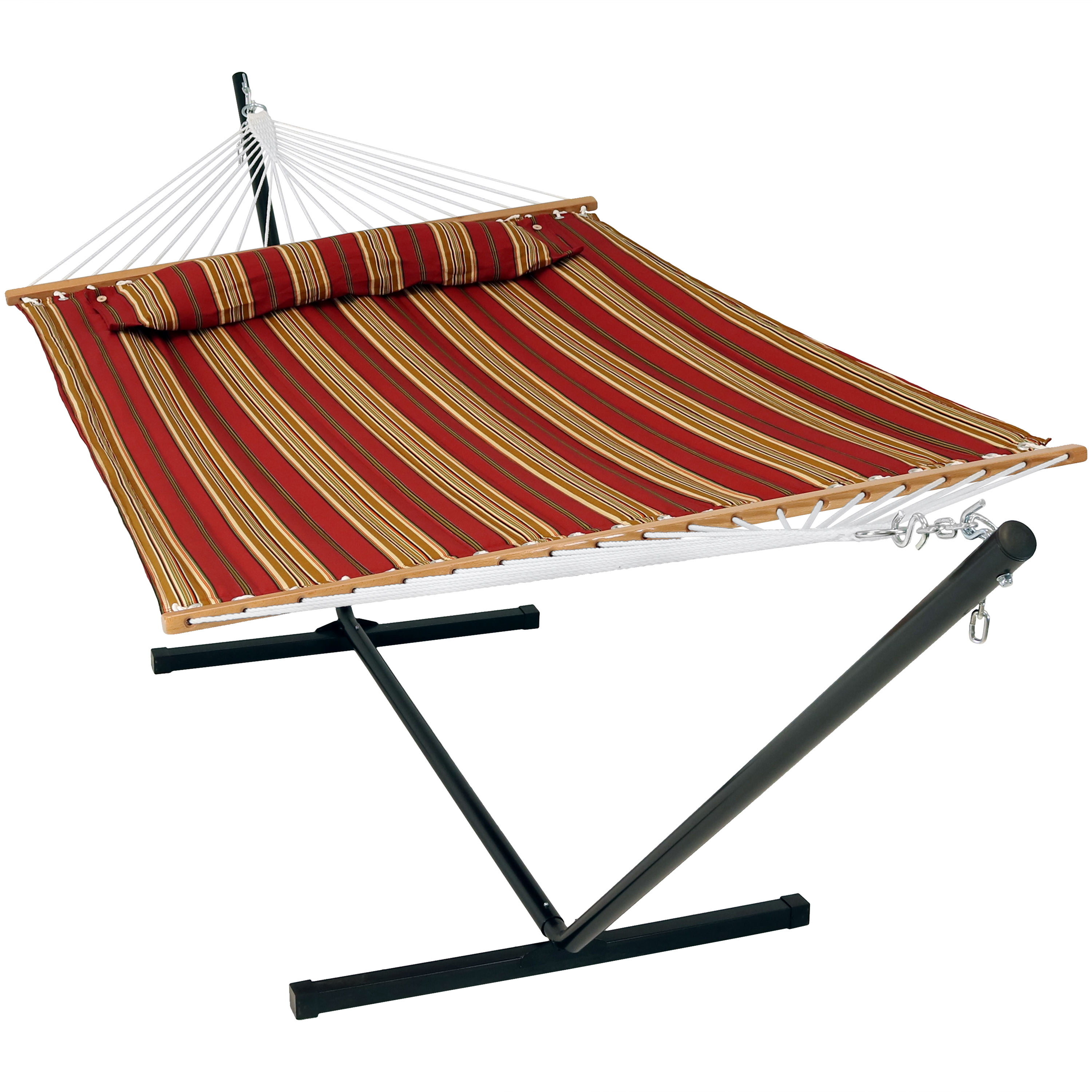 Sunnydaze 2 Person Freestanding Quilted Fabric Spreader Bar Hammock, Choose from 12 or 15 Foot Stand, Red Stripe, 12-Foot Stand