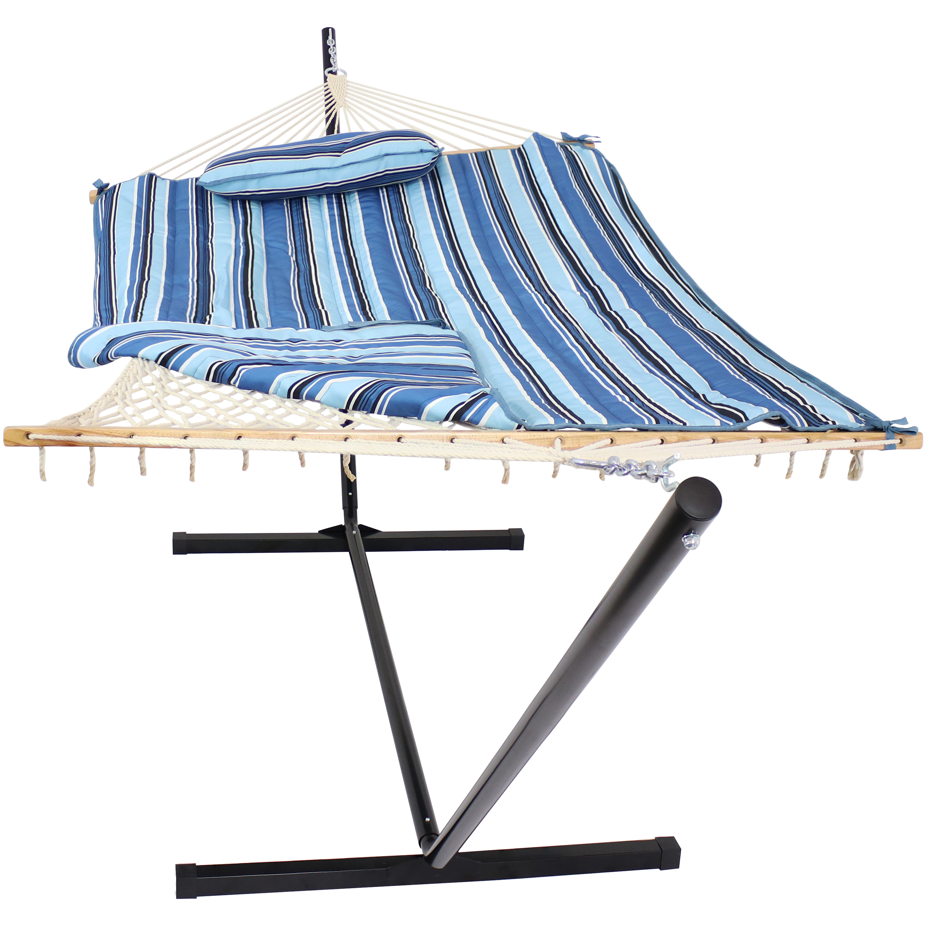 Sunnydaze Rope Hammock, 12-Foot Stand, and Pad and Pillow Set - Misty Beach