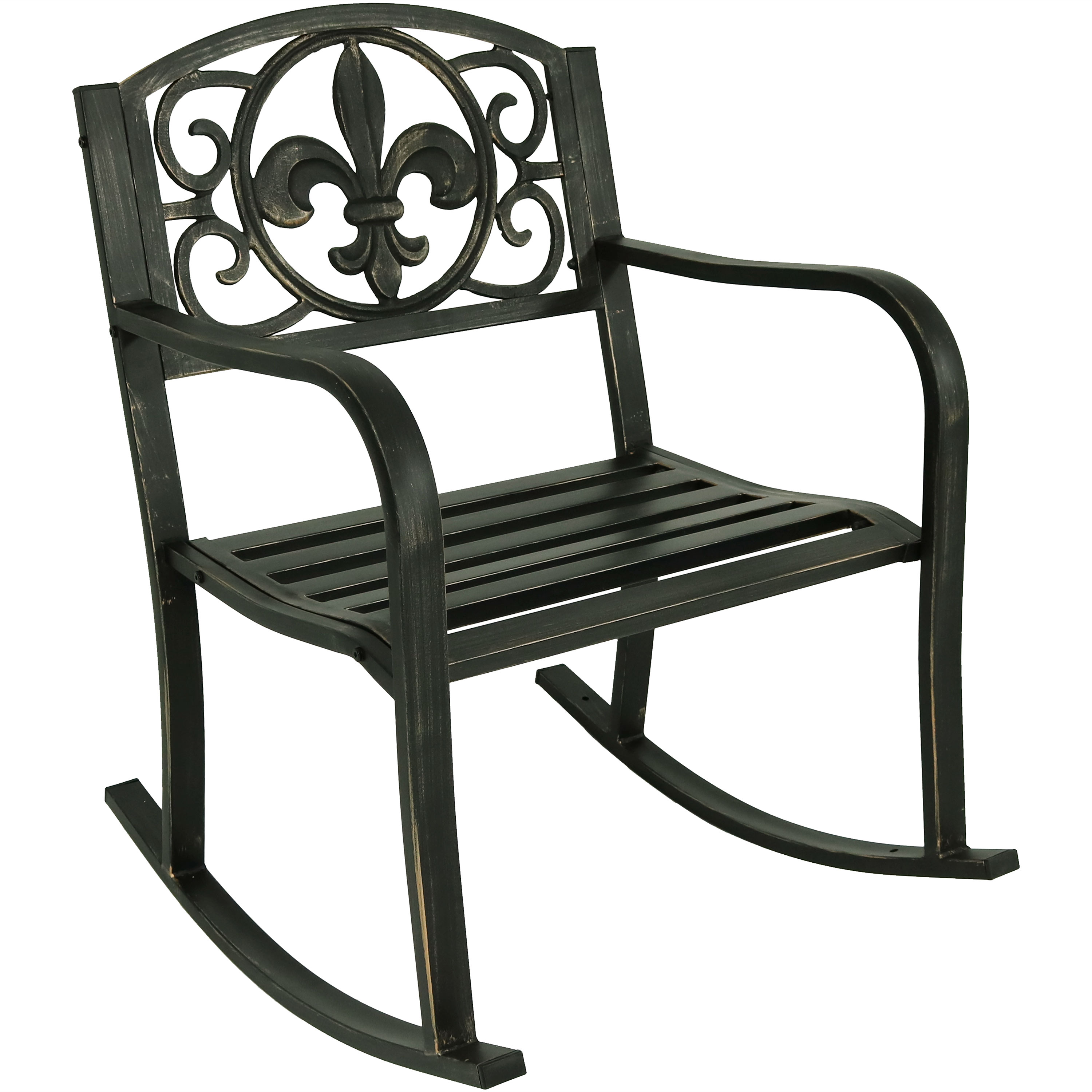 Sunnydaze Patio Rocking Chair - Cast Iron and Steel - Fleur-De-Lis Design