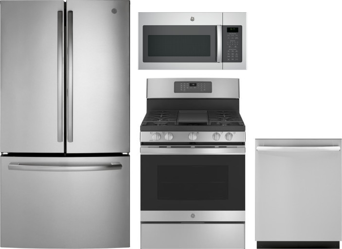 GE 4 Piece Kitchen Appliances Package with French Door Refrigerator, Gas Range, Dishwasher and Over the Range Microwave in Stainless Steel GERERADWMW6