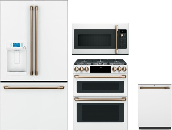 Cafe 4 Piece Kitchen Appliances Package with French Door Refrigerator, Gas Range, Dishwasher and Over the Range Microwave in Matte White CAFRERADWMW10