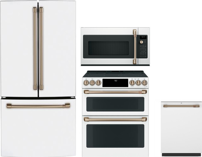 Cafe 4 Piece Kitchen Appliances Package with French Door Refrigerator, Electric Range, Dishwasher and Over the Range Microwave in Matte White CAFRERAD