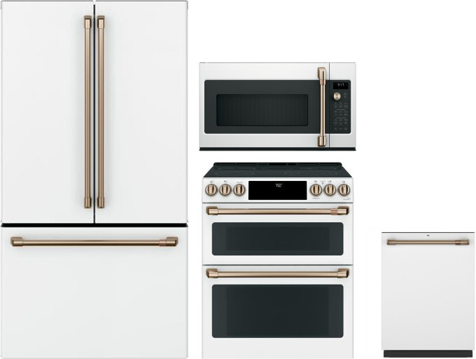 Cafe 4 Piece Kitchen Appliances Package with French Door Refrigerator, Electric Range, Dishwasher and Over the Range Microwave in Matte White CAFRERAD