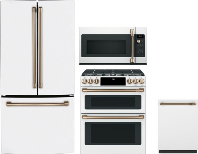 Cafe 4 Piece Kitchen Appliances Package with French Door Refrigerator, Gas Range, Dishwasher and Over the Range Microwave in Matte White CAFRERADWMW10