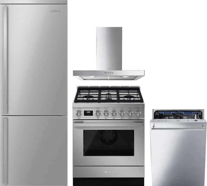 Smeg 4 Piece Kitchen Appliances Package with Bottom Freezer Refrigerator, Gas Range and Dishwasher in Stainless Steel SMRERADWRH709